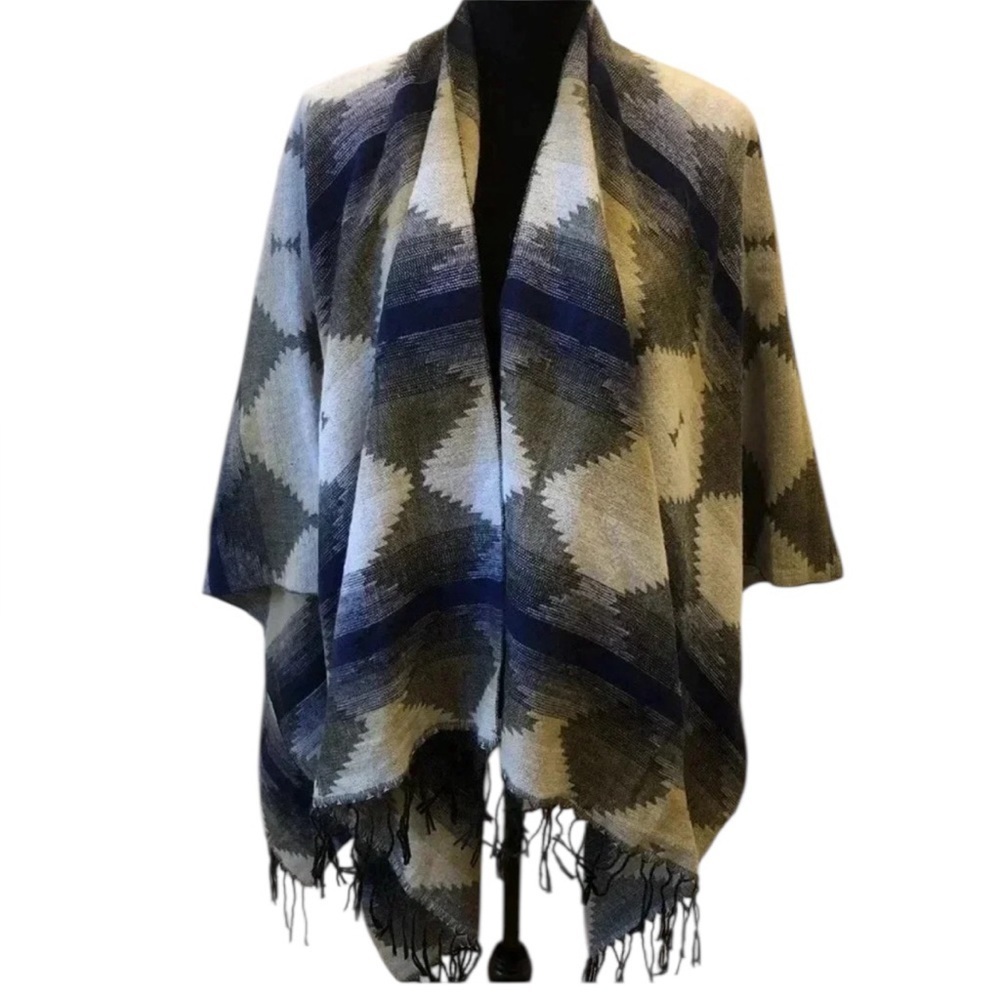 BP Women’s Blue Aztec Tribal‎ Wrap Poncho Shawl Blanket Scarf Top OS NEW Cape